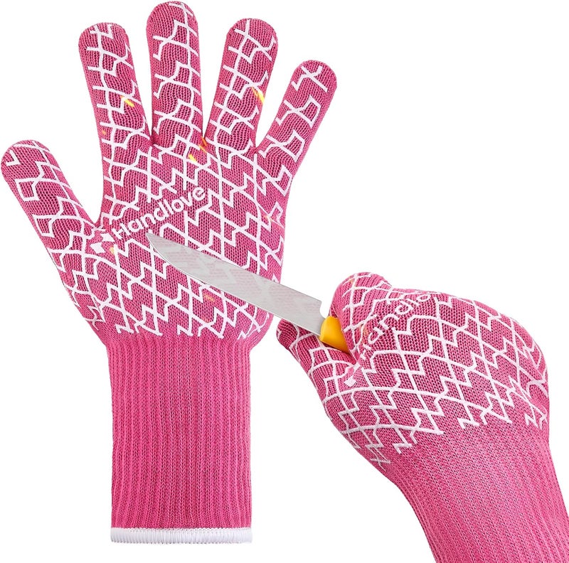HandLove BBQ Gloves, Oven Gloves with Fingers – Heat Resistant Gloves for Grilling | Silicone Grip, Long Cuff Mitts - Kitchen & Outdoor Barbecue, Cooking, Baking, Pink S - Image 1